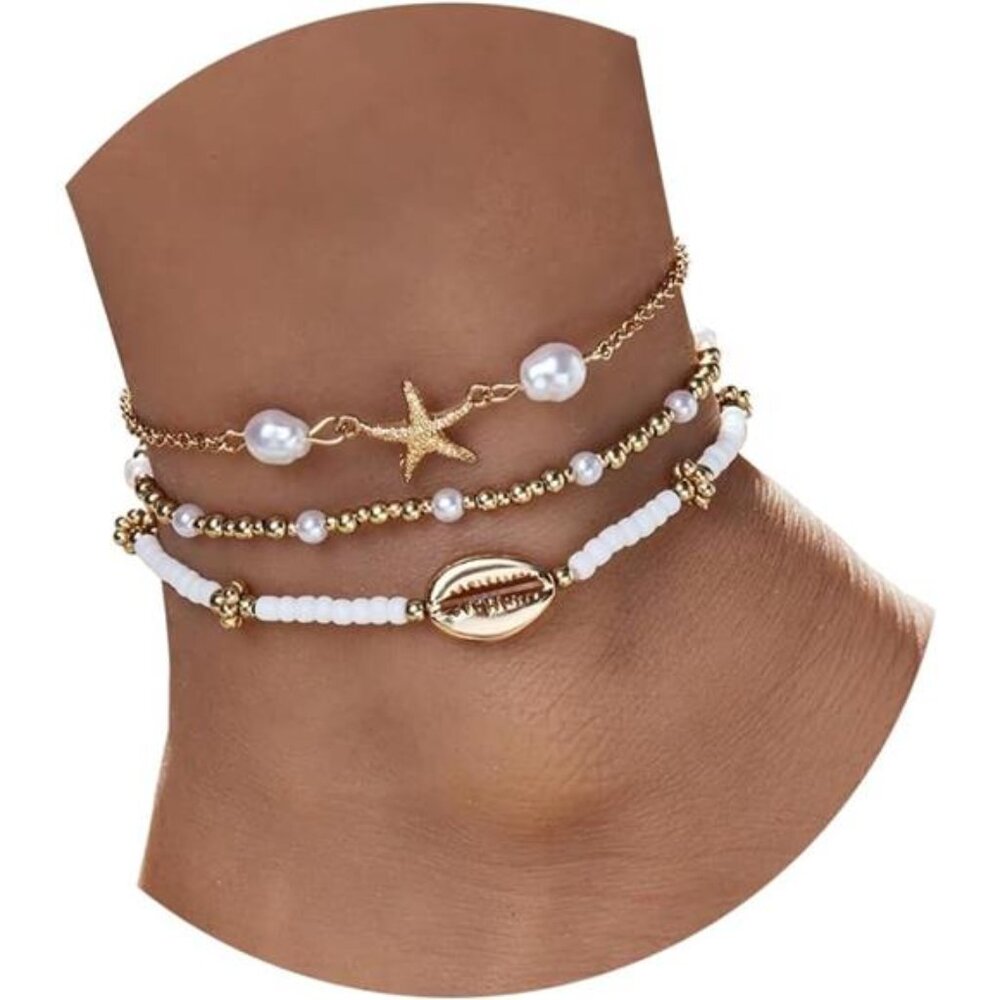 Bead Ankle Bracelets Set For Women, Adjustable Gold Boho Shell Anklet, Hawaiian